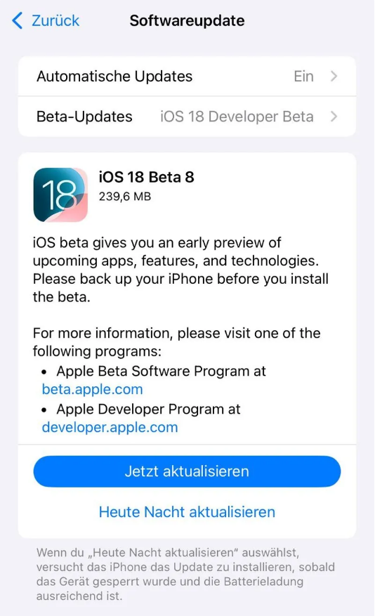 汶川苹果手机维修分享苹果 iOS / iPadOS 18 开发者预览版 Beta 8 发布 